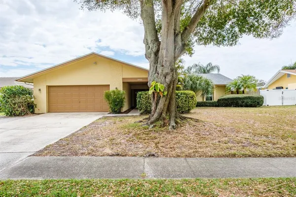 a front view of a house with a yard and trees
