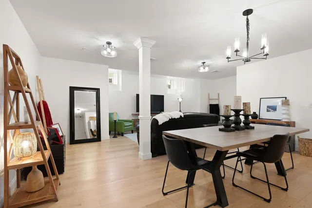 a view of a dining room with furniture