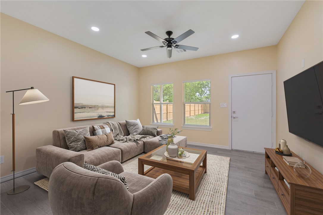 1108 Richard Street, Unit A Bryan, TX 77803 - Photo 4 of 22 Living room featuring wood finished floors, recessed lighting, and ceiling fan