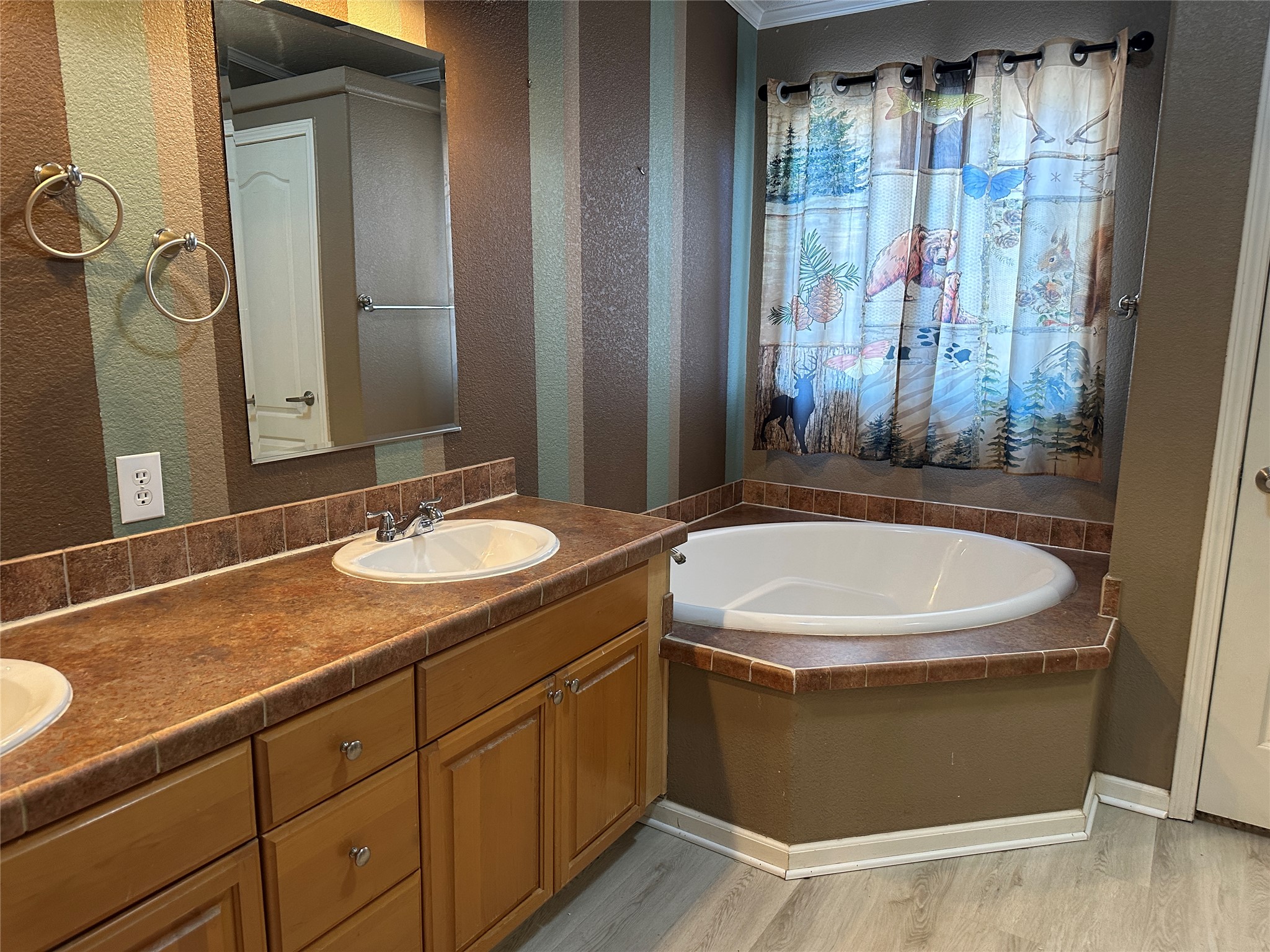 438 Mt Olive Road, Unit A Cedar Creek, TX 78612 - Photo 17 of 27 Primary bathroom featuring a bath, double vanity, and light wood finished floors