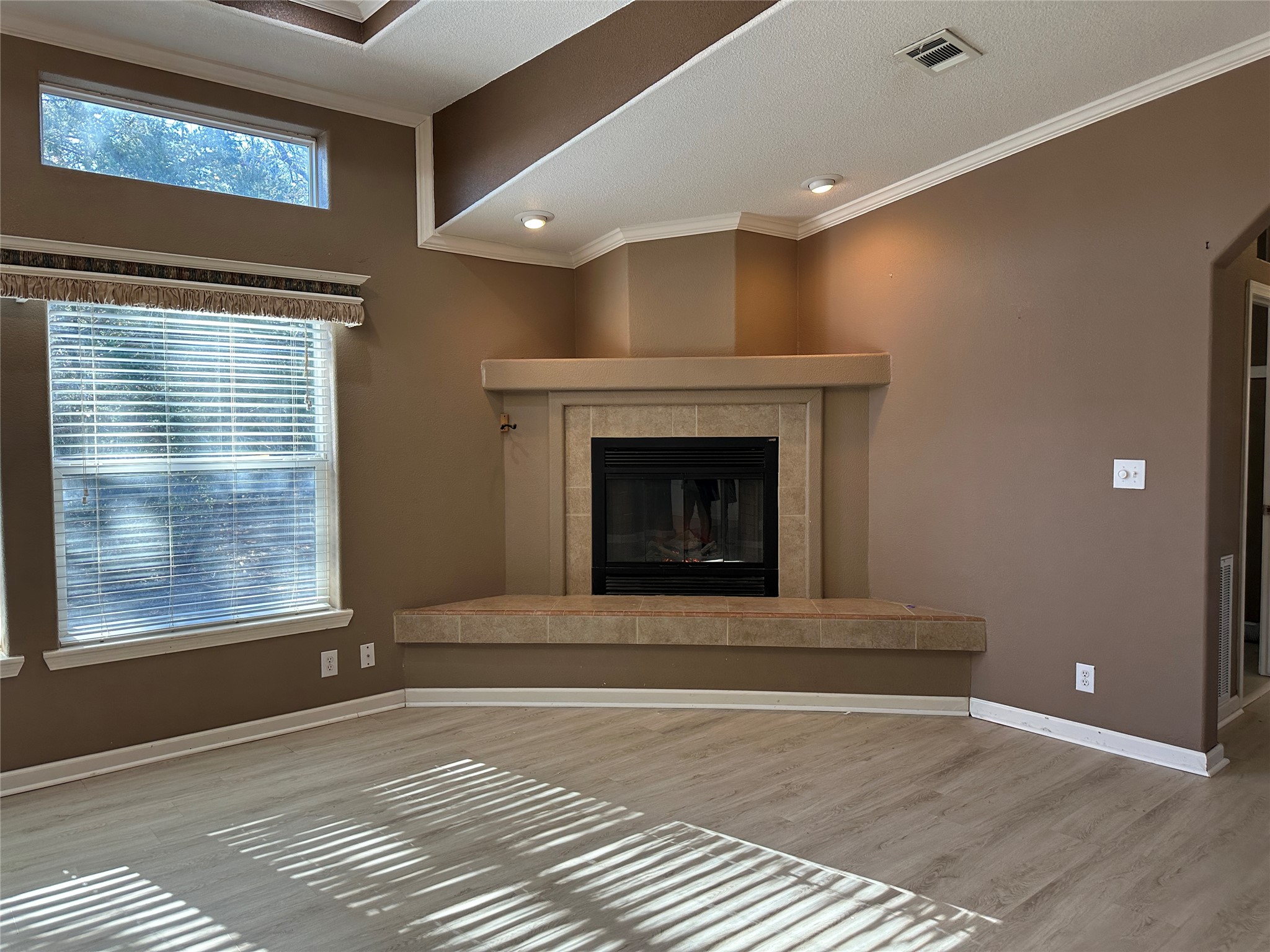 438 Mt Olive Road, Unit A Cedar Creek, TX 78612 - Photo 3 of 27 Unfurnished living room with ornamental molding, light wood-type flooring, a fireplace, and a textured ceiling