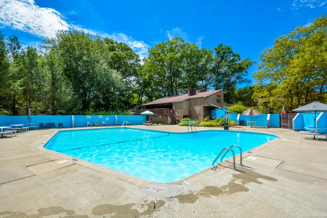a view of a swimming pool with a patio and a yard
