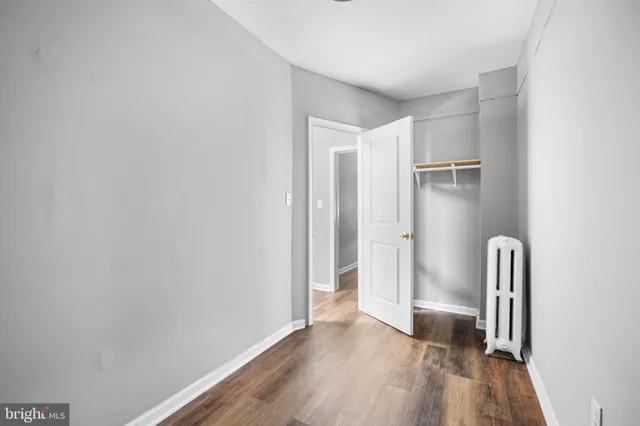 a view of hallway with walk in closet with wooden floor
