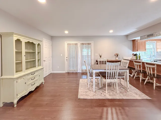 a view of a dining room with furniture