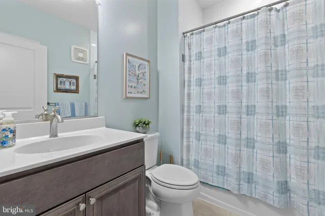 a bathroom with a sink a toilet and shower curtain