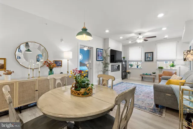 a view of a dining room with furniture