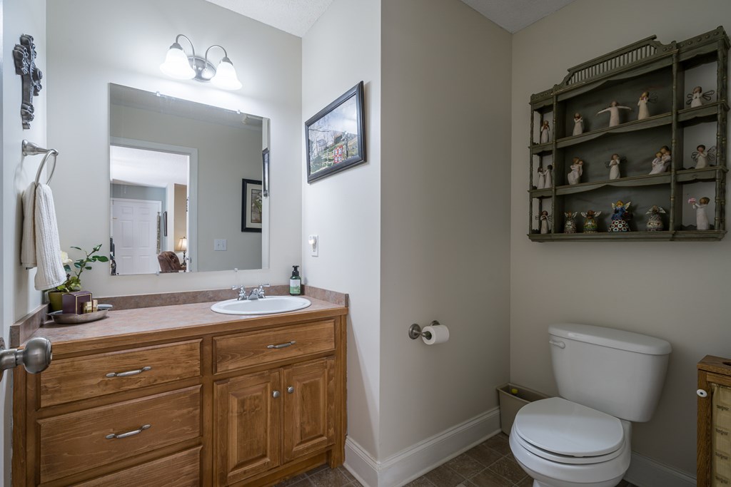 620 Hood Road Talking Rock, GA 30175 - Photo 27 of 60 a bathroom with a granite countertop toilet sink and mirror