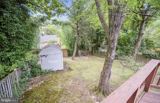 a view of a yard with large trees