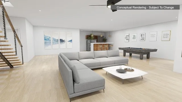 a living room with furniture and a table