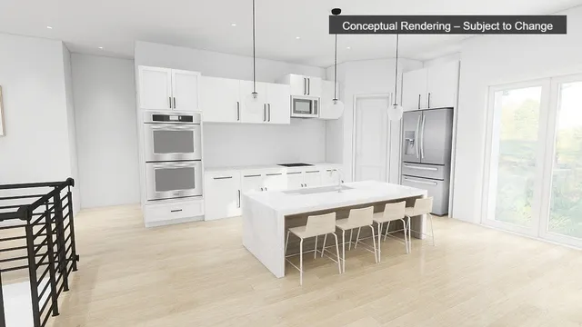 a kitchen with kitchen island a wooden floor and white cabinets