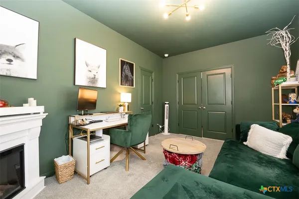 a living room with furniture a rug and a fireplace