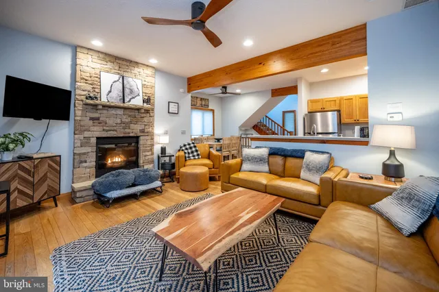 a living room with furniture and a fireplace