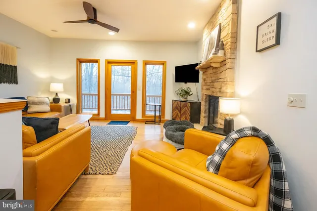 a living room with furniture and a fireplace