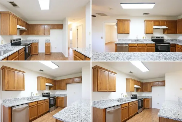 a view of a kitchen with kitchen island granite countertop a large counter top stainless steel appliances and cabinets