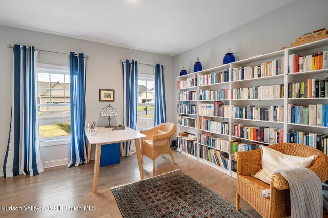 a living room with furniture and a book shelf