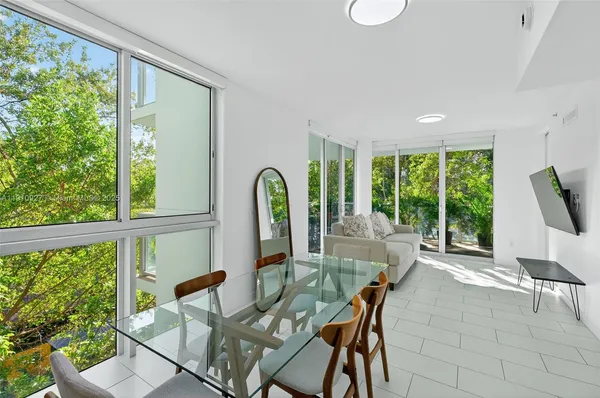 a view of a dining room with furniture window and outside view
