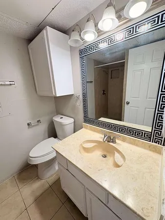 a bathroom with a sink a toilet and mirror