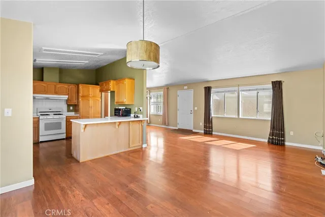 a view of a kitchen with a sink dishwasher a stove top oven a wooden floor