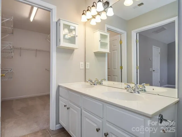 a bathroom with a sink vanity and a mirror
