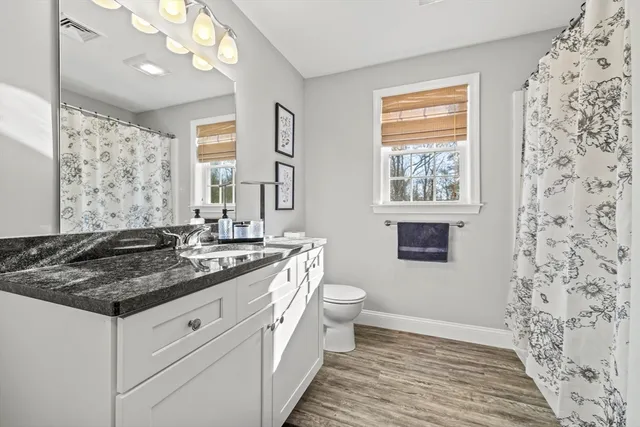 a bathroom with a granite countertop sink a toilet a mirror a vanity and shower