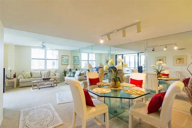 a view of a dining room with furniture