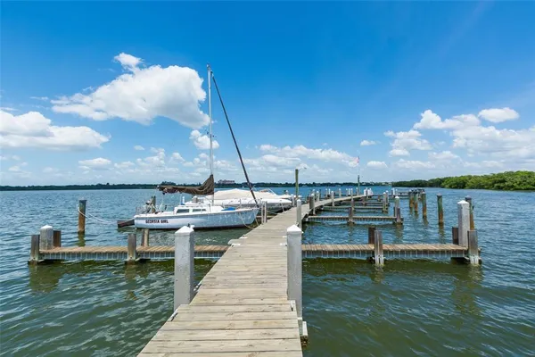 a view of a lake with boats
