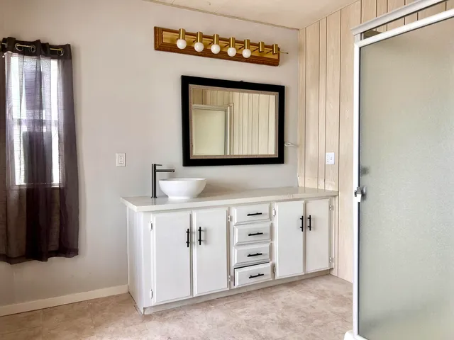 a bathroom with a sink a mirror and a shower