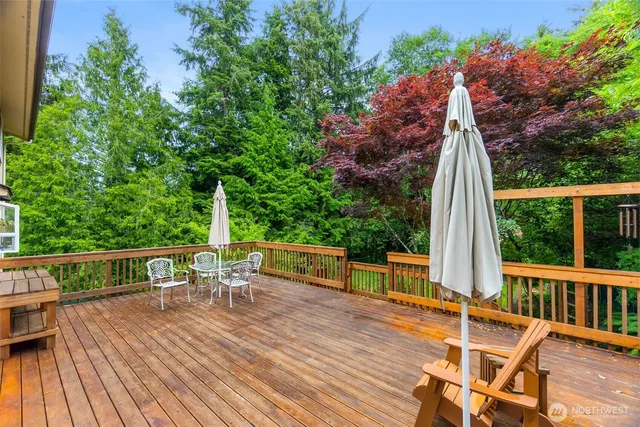 a view of a chairs and table on the wooden deck