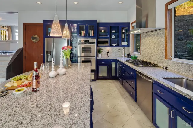 a kitchen with stainless steel appliances granite countertop a sink and a refrigerator