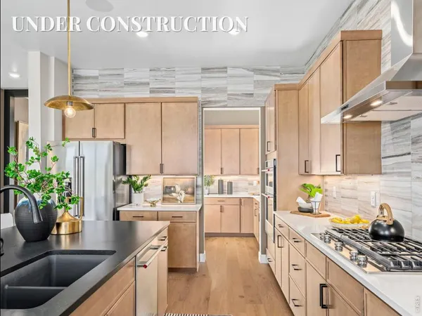 a kitchen with stainless steel appliances a sink a counter top space cabinets and a potted plant