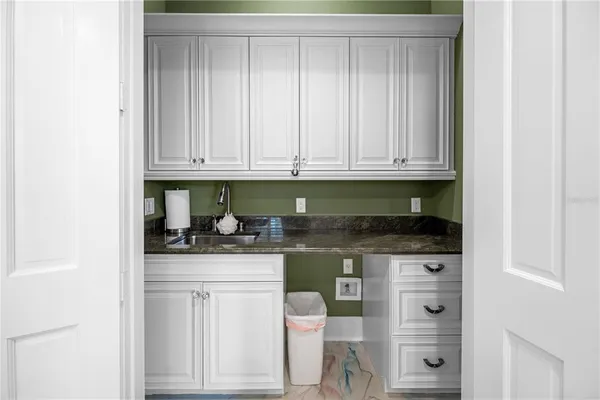 a view of a park with large trees