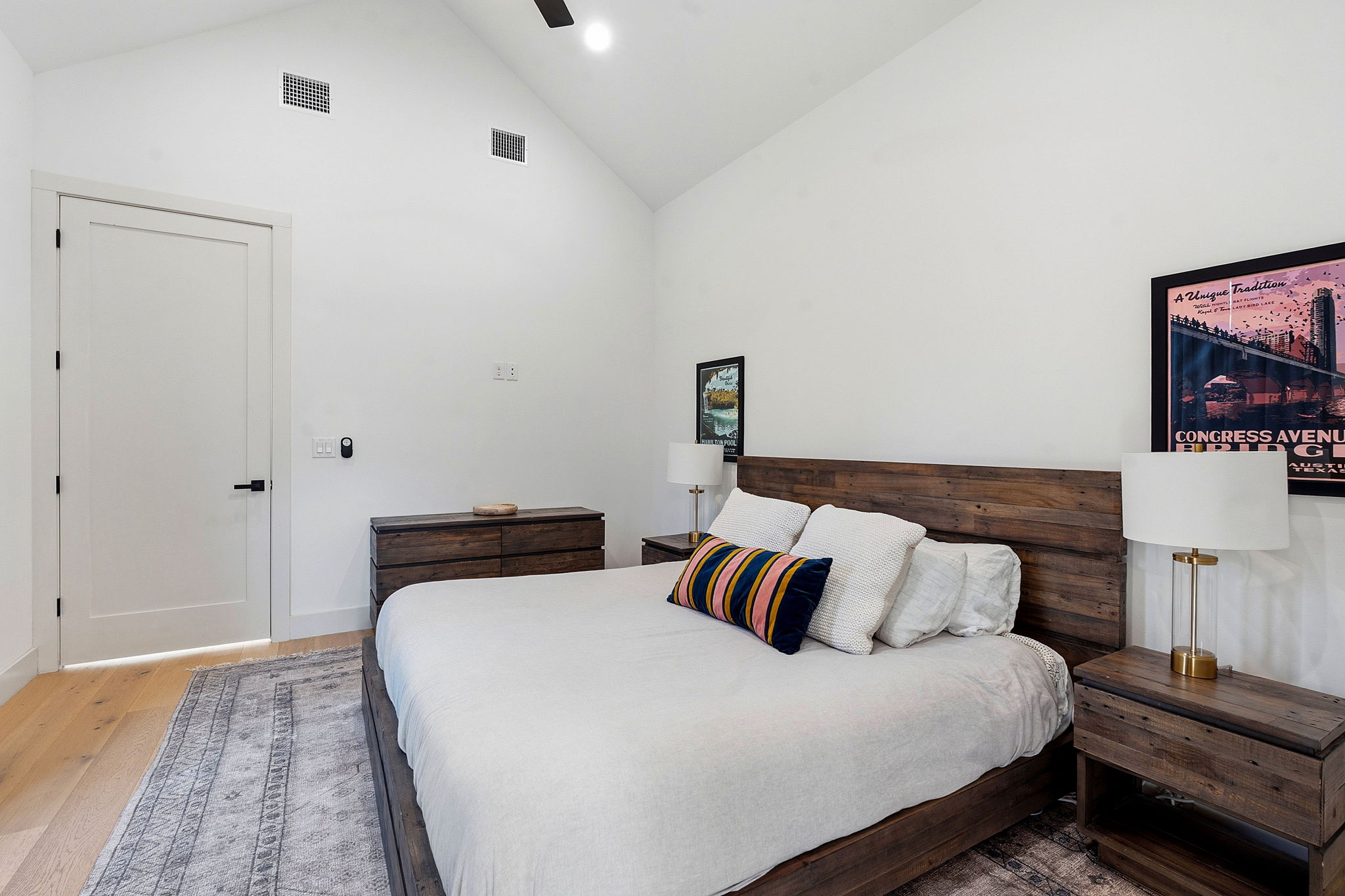 4313 Jinx Avenue, Unit 1 Austin, TX 78704 - Photo 18 of 40 Bedroom with lofted ceiling, wood finished floors, a ceiling fan, and recessed lighting