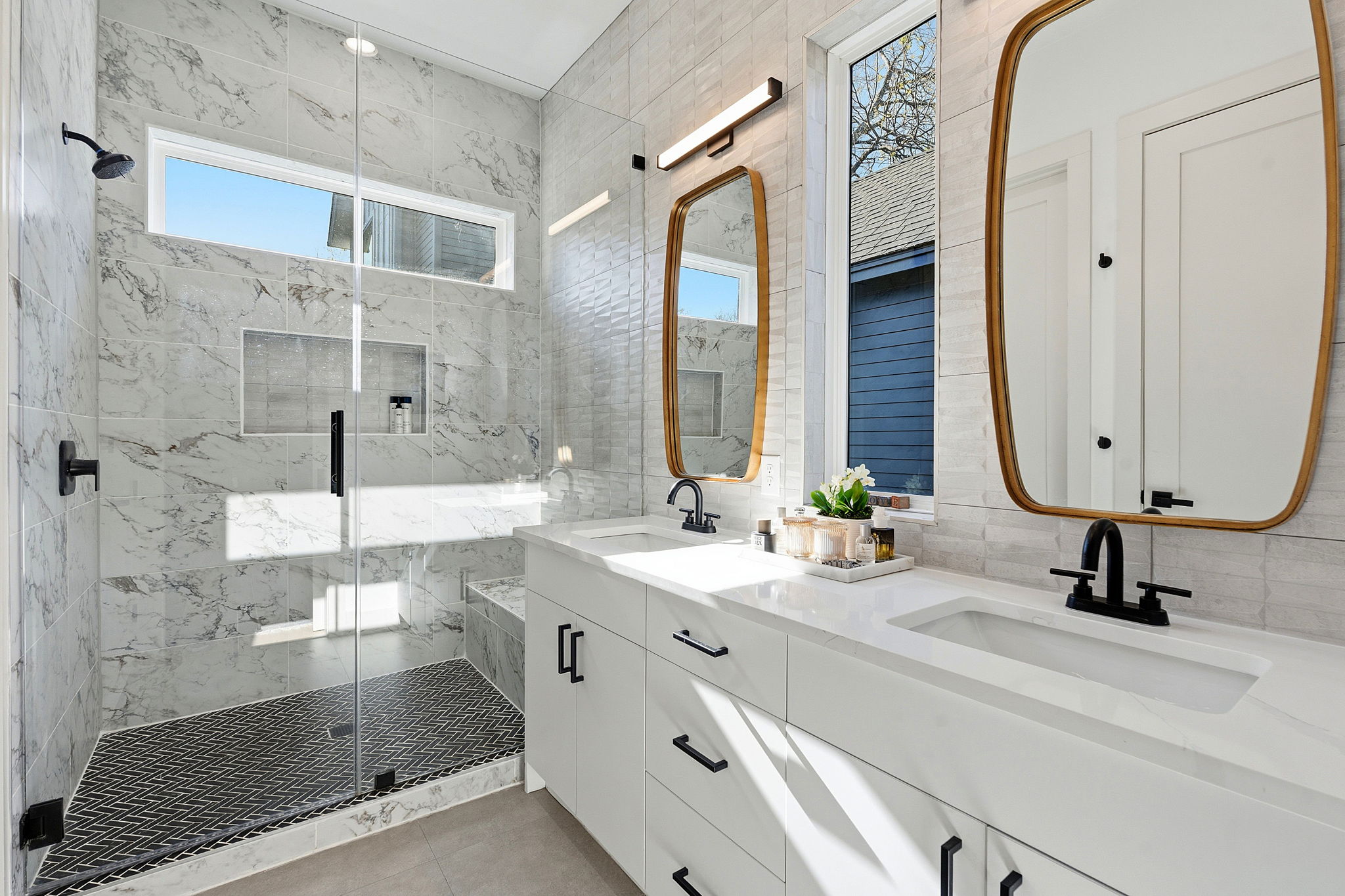 4313 Jinx Avenue, Unit 1 Austin, TX 78704 - Photo 19 of 40 Full bathroom featuring double vanity and a marble finish shower