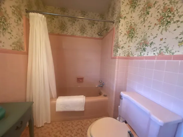 a bathroom with a shower curtain and a toilet