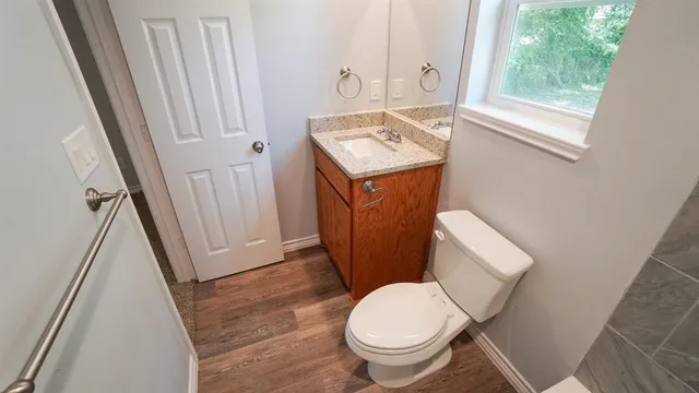 a bathroom with a sink a toilet a mirror and tub