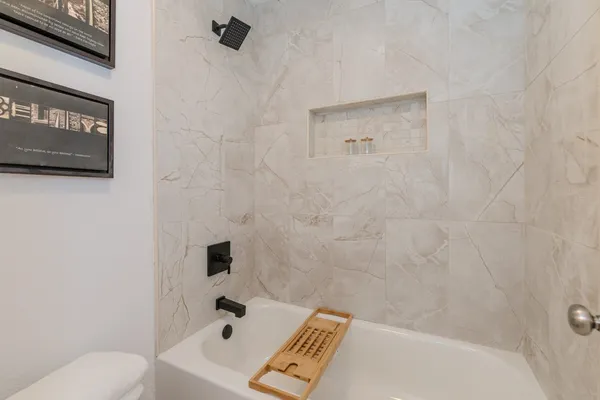 a bathroom with a bathtub