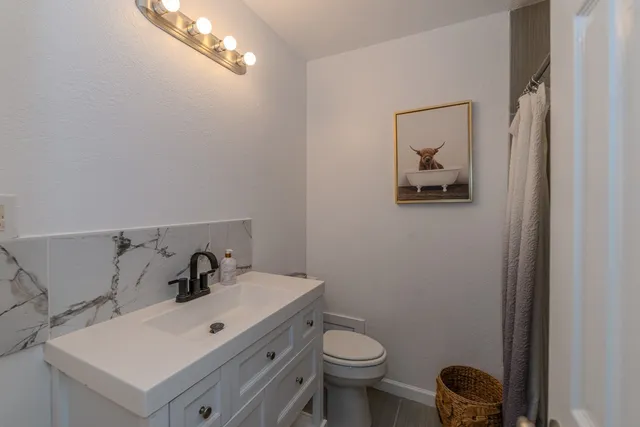 a bathroom with a sink mirror and toilet