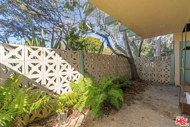 a backyard of a house with large trees and plants