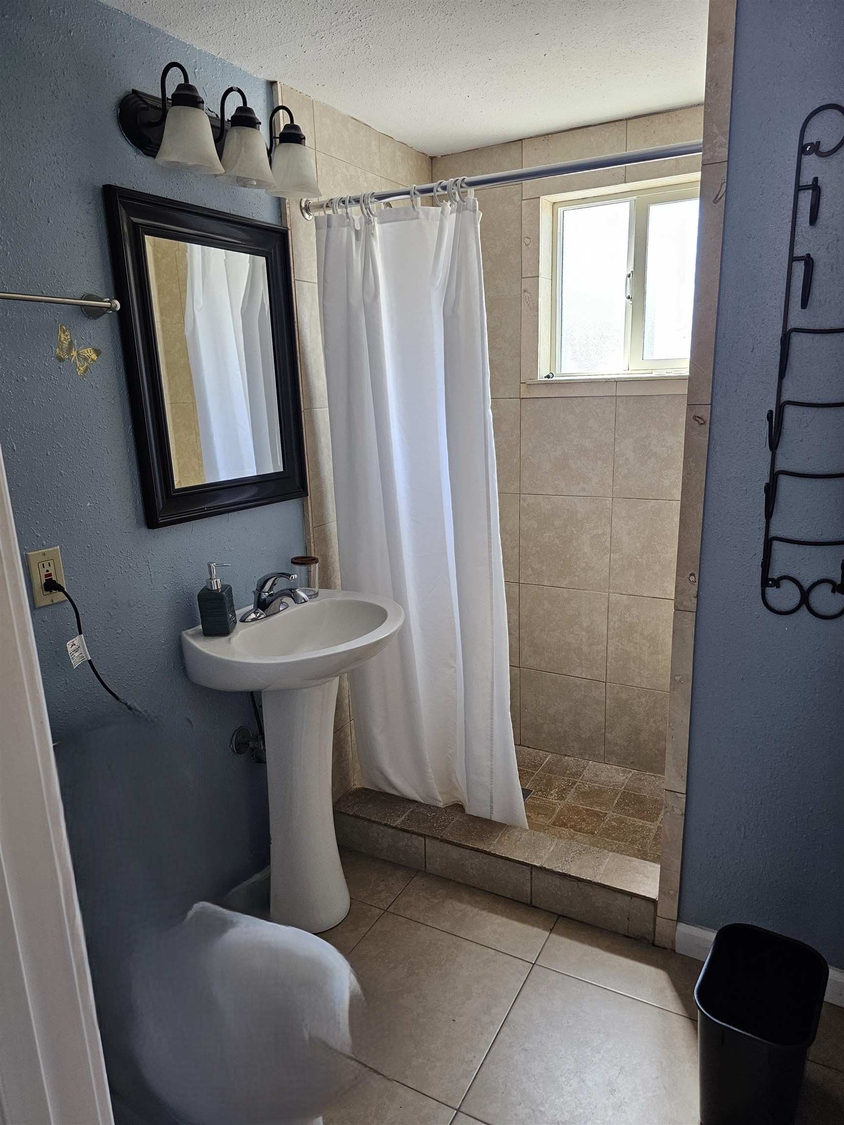 461 High Street Bishop, CA 93514 - Photo 9 of 10 Pedestal sink with chrome faucet, framed mirror, and three-light vanity fixture