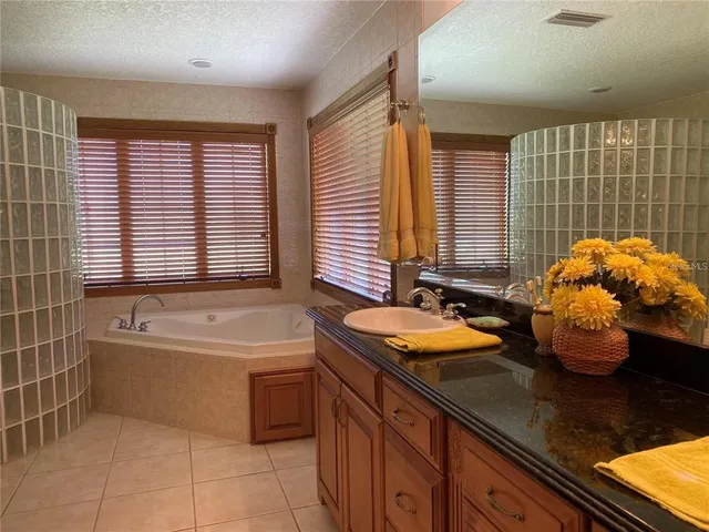 a bathroom with a granite countertop sink and a bathtub