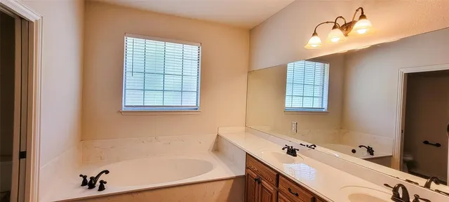 a bathroom with a tub sink and mirror