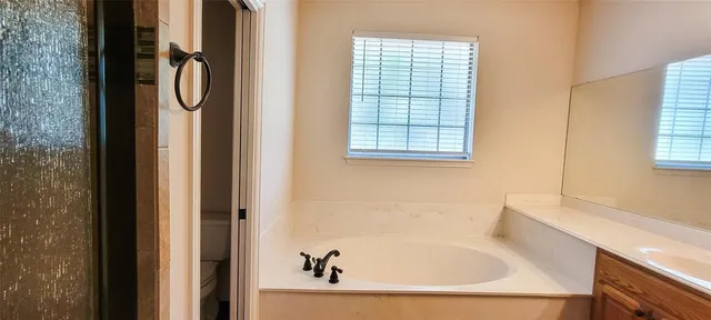 a bathroom with a tub and a window