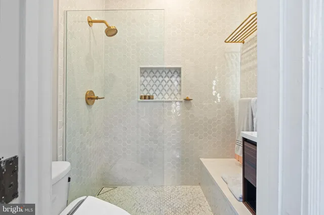 a bathroom with a shower and a toilet