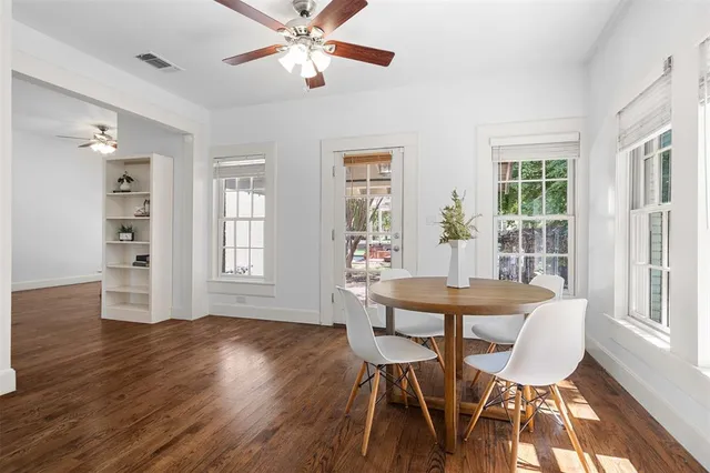 an aerial view of a house with a garden