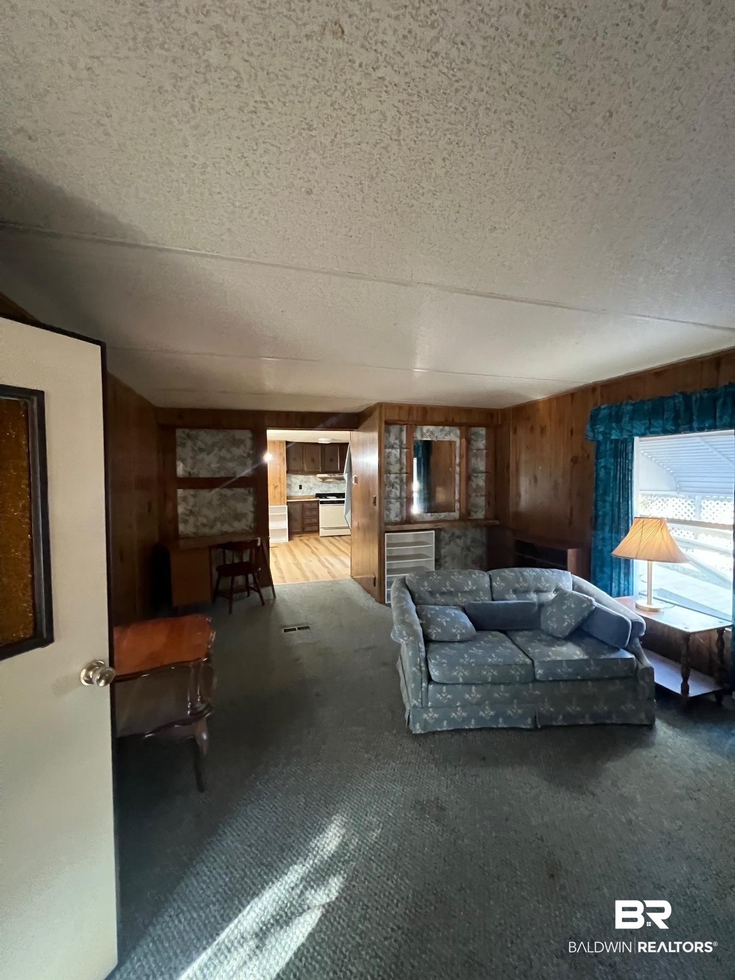 1332 Ridgewood Drive Lillian, AL 36549 - Photo 4 of 32 Unfurnished living room featuring carpet flooring, wood walls, and a textured ceiling