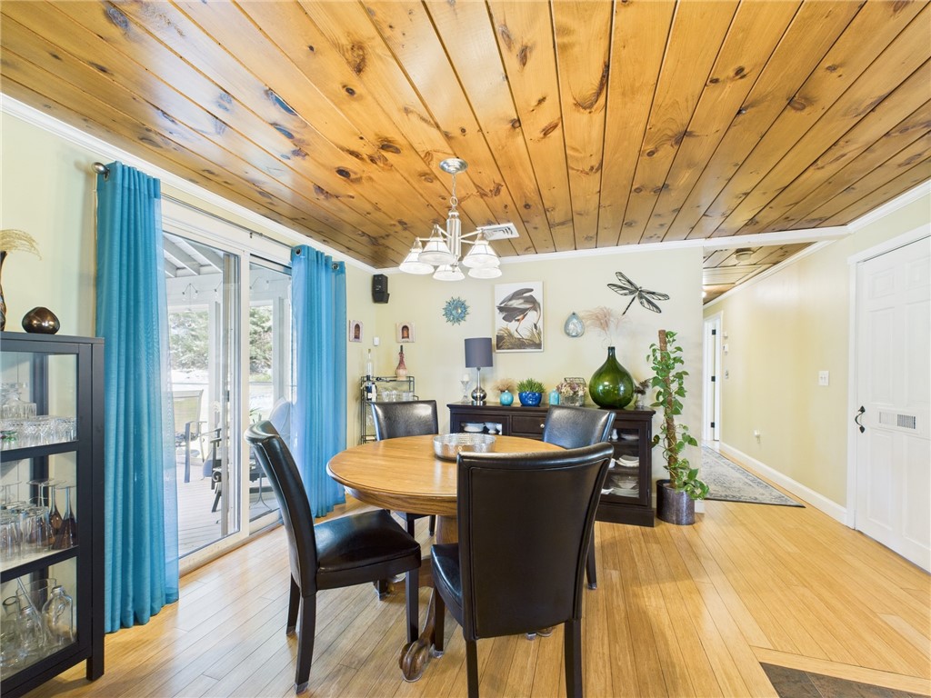 95 Mail Road Exeter, RI 02822 - Photo 8 of 33 This view of the dining room captures the striking woods on the floor and ceiling (polished pine & bamboo). The sliders to the left access the sweet, screened porch and provide a view of the sprawling, treelined back yard.