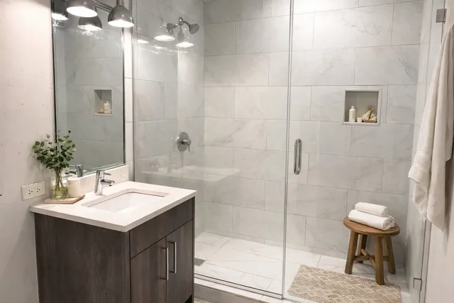 a bathroom with a sink toilet and shower