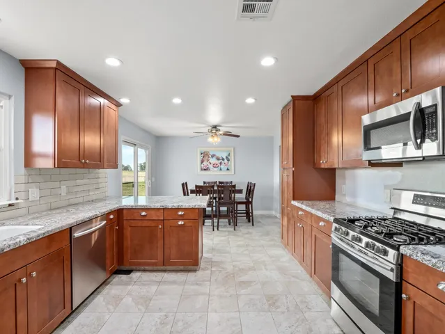a kitchen with lots of counter top space