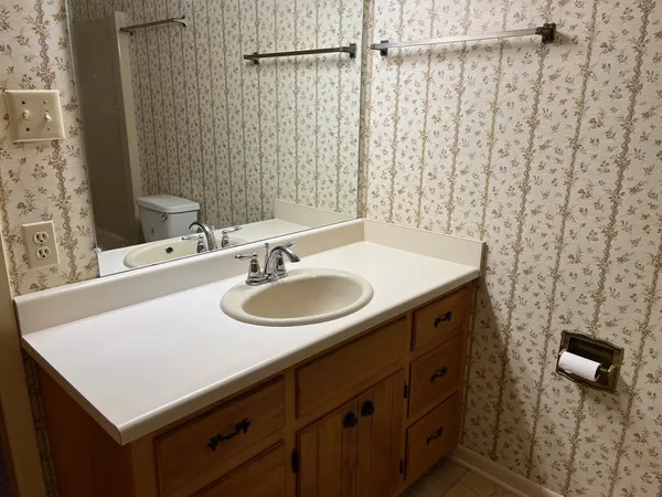 a bathroom with a sink a vanity and a mirror
