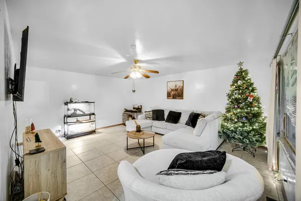 a living room with furniture and a potted plant